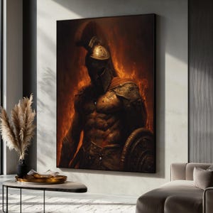 Spartan Warrior Canvas Painting, Fiery Ancient Greek Soldier Wall Art, Powerful Masculine Decor, Gladiator Wall Print, Epic Art Gift