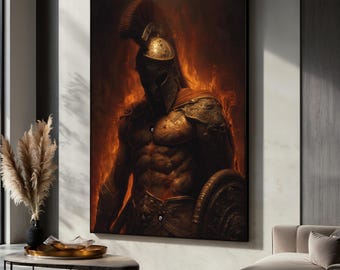 Spartan Warrior Canvas Painting, Fiery Ancient Greek Soldier Wall Art, Powerful Masculine Decor, Gladiator Wall Print, Epic Art Gift