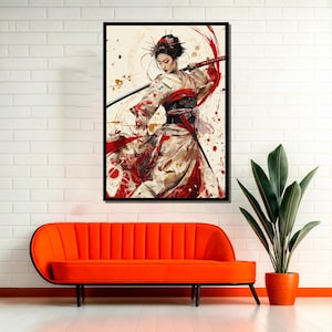 May include: A digital painting of a woman in a traditional Japanese kimono holding a katana sword. The woman has long black hair and is wearing a red sash. The background is a white wall with red and brown splatters of paint.