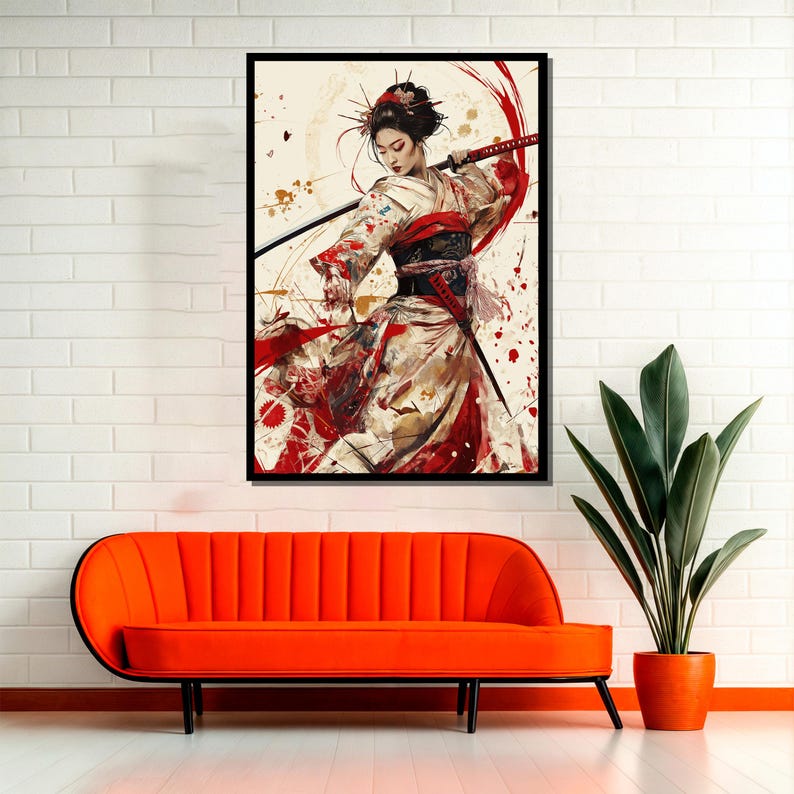 May include: A digital painting of a woman in a traditional Japanese kimono holding a katana sword. The woman has long black hair and is wearing a red sash. The background is a white wall with red and brown splatters of paint.