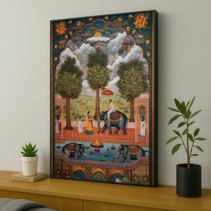 Indian Royal Canvas Painting, Elephant Procession Mughal Style Wall Art, Cultural Details and Nature Scene Print, Cultural Art Gift