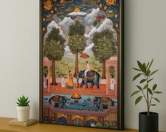 Indian Royal Canvas Painting, Elephant Procession Mughal Style Wall Art, Cultural Details and Nature Scene Print, Cultural Art Gift