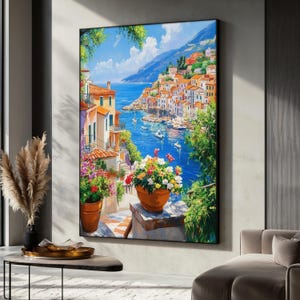 Mediterranean Coastal View Canvas Painting, Colorful Seaside Landscape Wall Art, Modern Home Decor, Landscape Poster, Unique Art Gift