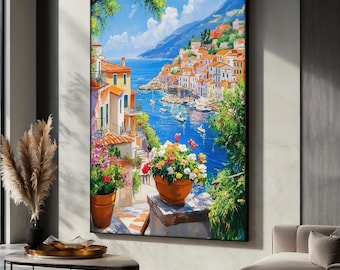 Mediterranean Coastal View Canvas Painting, Colorful Seaside Landscape Wall Art, Modern Home Decor, Landscape Poster, Unique Art Gift