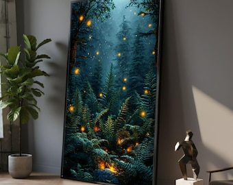 Betoverd bos canvas schilderij, vuurvliegjes nacht kunst aan de muur, mystieke bosrijke decor, gloeiende natuurscène print, fantasy art cadeau