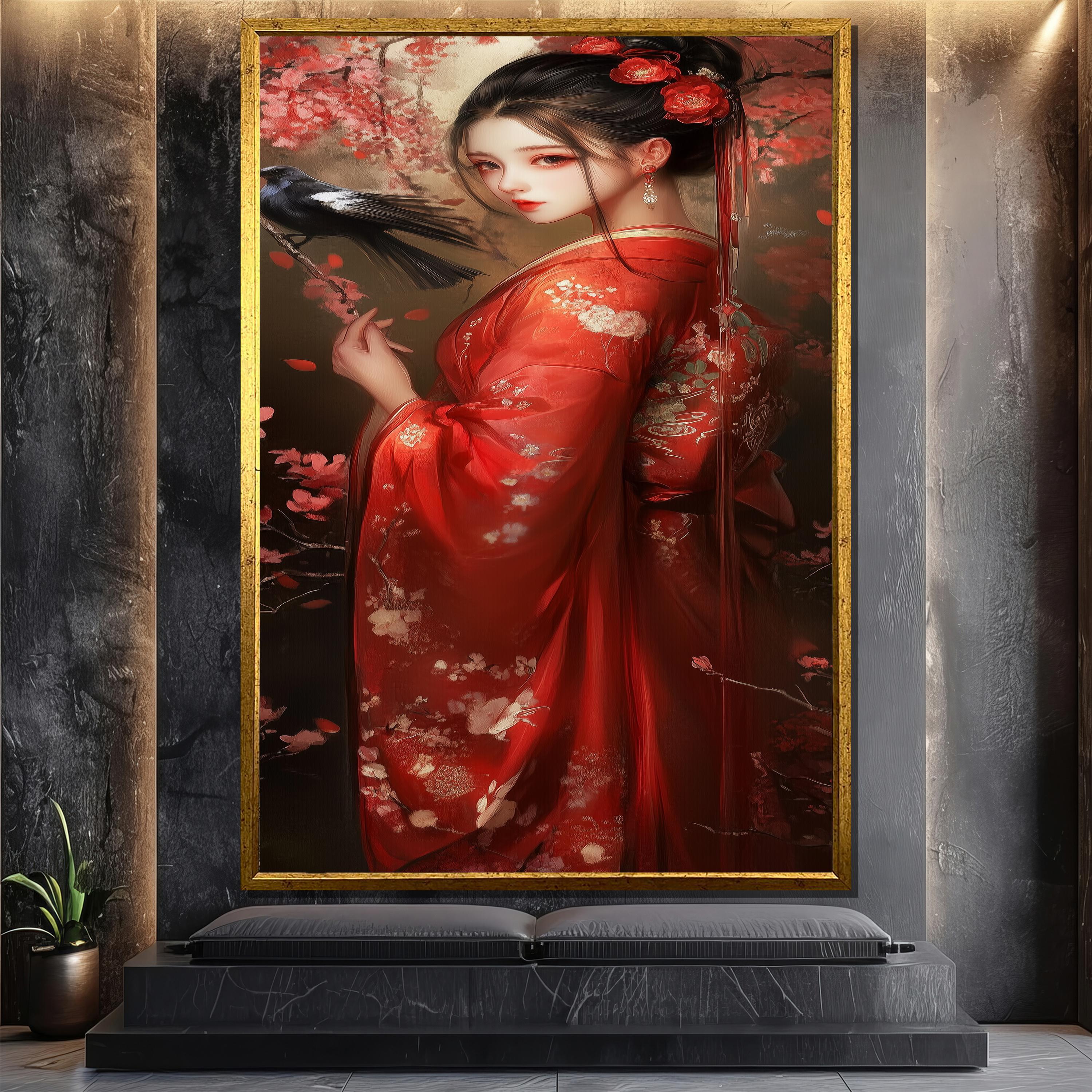 Romantic Japanese Woman in Red Kimono Canvas Painting, Cherry