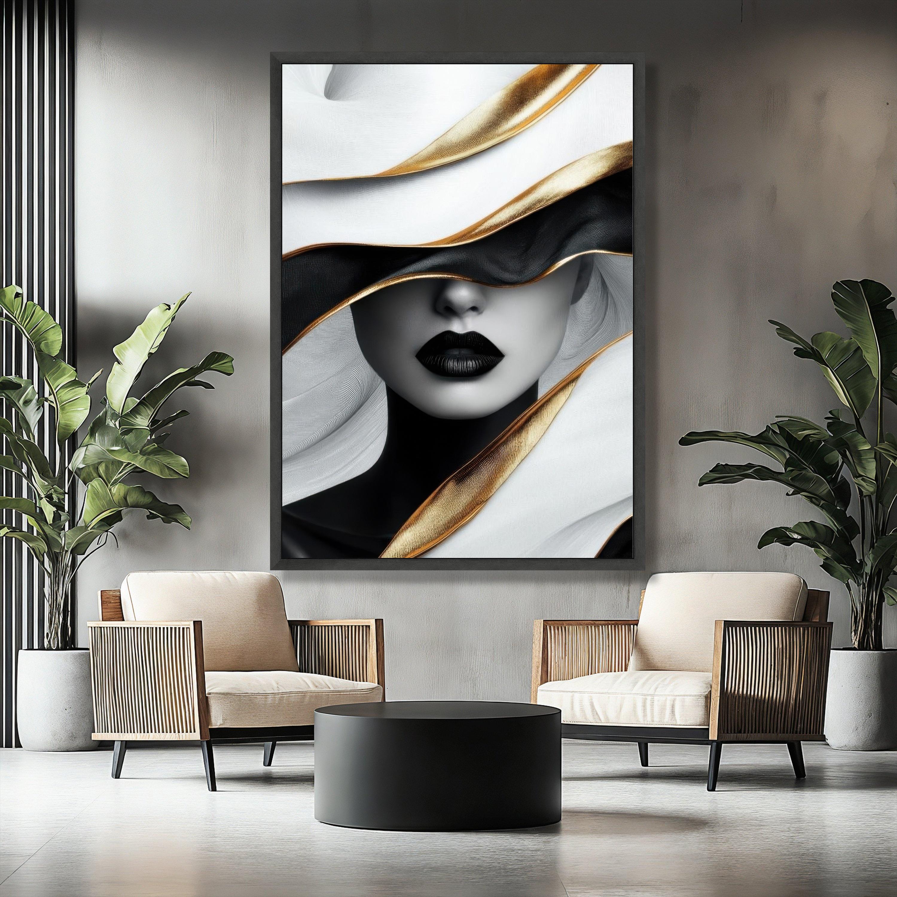 Luxury Woman Canvas Painting, Black and Gold Abstract Wall Art With ...