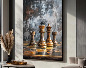 Chess Pieces Canvas Painting, Rustic Wood Style Wall Art, Modern Decor Game Room or Office, Chess Canvas, Ready to Hang, Unique Gift Idea