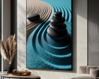 禅ロックアート、モダンミニマリストキャンバス絵画、ブルーとベージュの禅ガーデンウォールアート、リラックスできる抽象的なホームデコレーション、ユニークなギフトアイデア