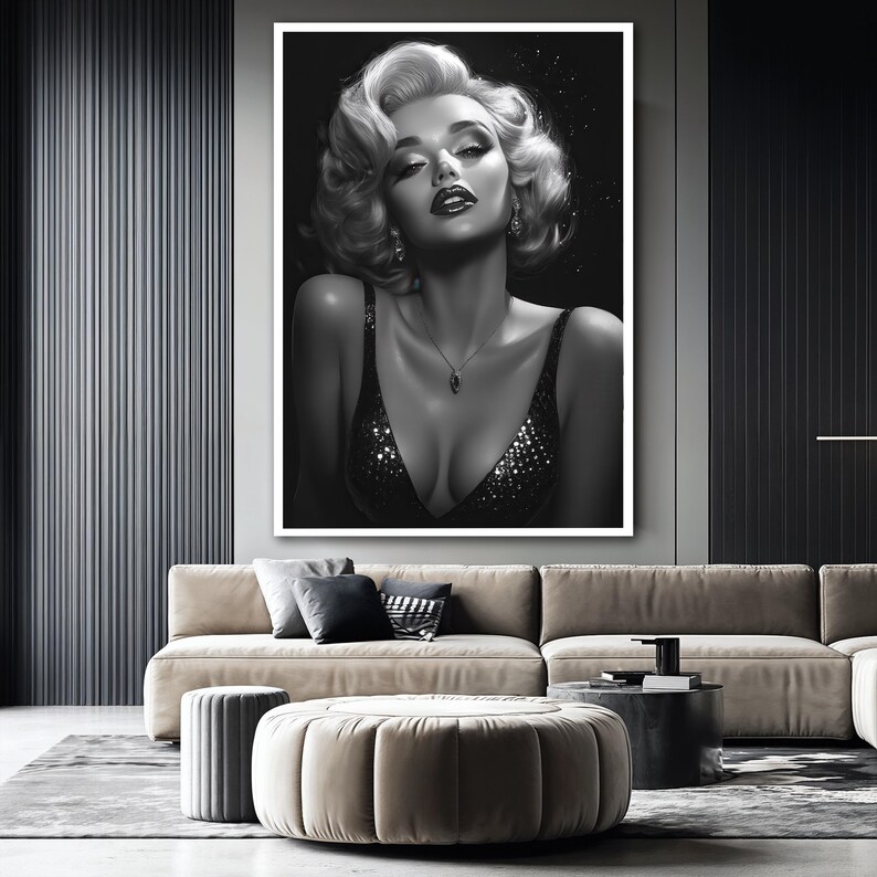 Marilyn Monroe Black and White Canvas Painting, Glamorous Hollywood Art ...