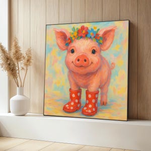 Cute Pig Canvas Painting, Colorful Farm Animal Wall Art, Cute Pig Poster, Whimsical Nursery Decor, Living Room Decor, Perfect Gift