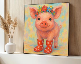 Cuadro en lienzo de un cerdito, arte mural colorido de animales de granja, póster de un cerdito, decoración infantil original, decoración de sala de estar, regalo perfecto.