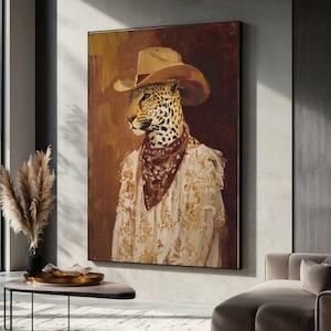 Leopardo con sombrero de vaquero sobre lienzo, retrato de animal del oeste, arte rústico para pared, pintura de personaje animal, decoración única para el hogar