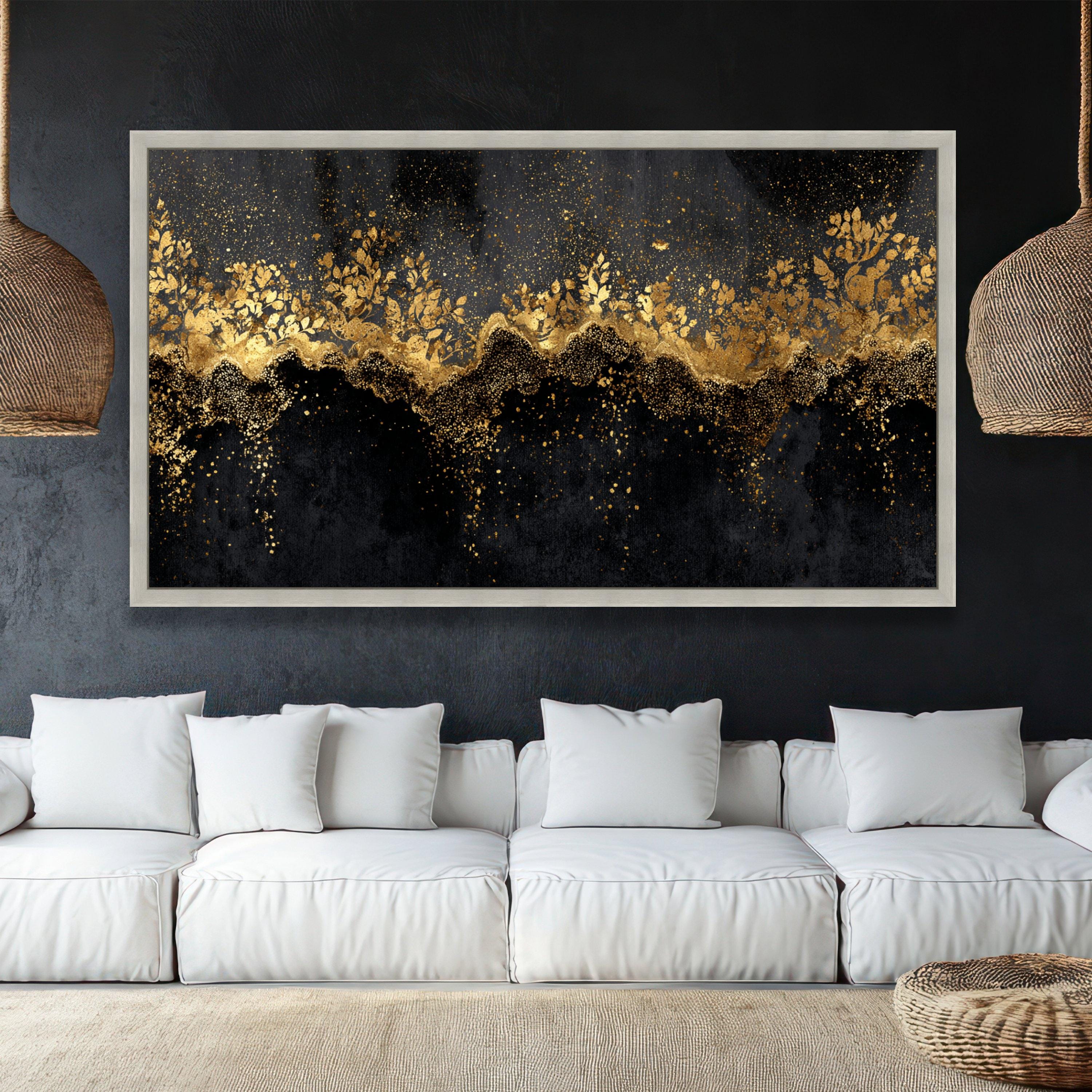 Elegant Gold Floral Abstract Canvas, Black and Gold Wall Art, Modern ...