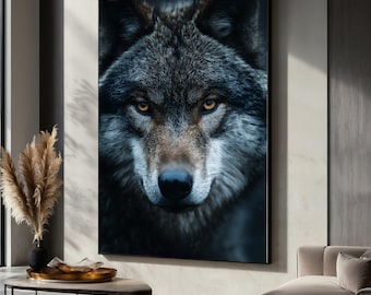 Wolf Face Canvas Painting, Dark Moody Animal Wall Art, Powerful Wildlife Portrait Print, Rustic Cabin Decor, Bold Nature Canvas Gift