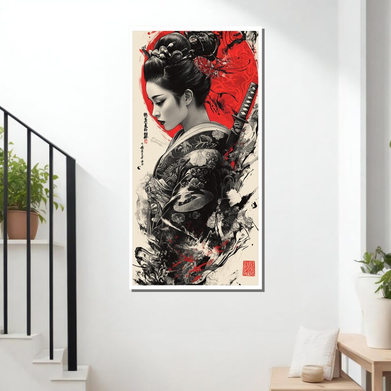 Japanese Samurai Woman Canvas Painting – Geisha With Katana and Red Sun ...