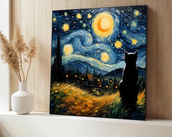 Canvas schilderij Sterrennacht kat, door Van Gogh geïnspireerde kunst aan de muur, nachtelijke hemel dierenkunstwerk, grillig cadeau voor kattenliefhebbers, gezellig interieur