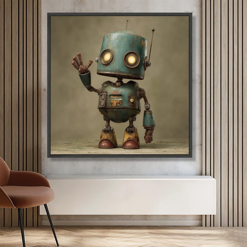 Robot Decaration Vintage Robot Character Canvas, Cute Retro Robot Art, Industrial Style ...