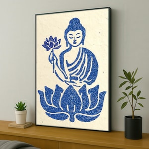 Blue Buddha With Lotus Canvas Painting, Minimal Zen Wall Art, Spiritual Meditation Poster, Sacred Asian Symbol Print, Calm Art Gift Idea