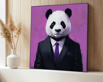 Panda canvas schilderij, grappige dieren muurkunst, decor panda in pak, modern panda-kunstwerk, uniek cadeau-idee, kantoormuurkunst, dierlijke kunst cadeau