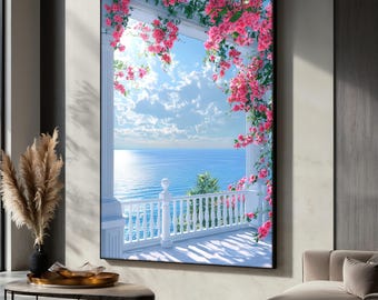 Mittelmeer-Blick auf Leinwand, Blumenbalkon-Ozean-Wandkunst, Küstensommerwohndekor, romantisches Geschenk für Sie