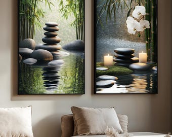 Zen Garden Canvas Print Set, Bamboo And Stone Wall Art, Spa Inspired Tranquil Decor With Candles And Orchid, Relaxing Gift Idea