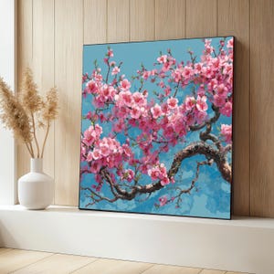 Körsbärsblomma på canvastavla med blå himmelbakgrund, japansk väggkonst, naturträddekor, vårblomsterkonstverk, unik gåva