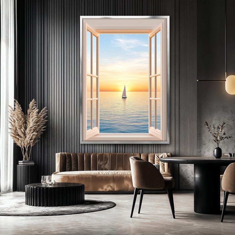 Fake Window Ocean View Fake Window Canvas Painting, Ocean Sunset Wall Art, Sailing Boat Canvas ...