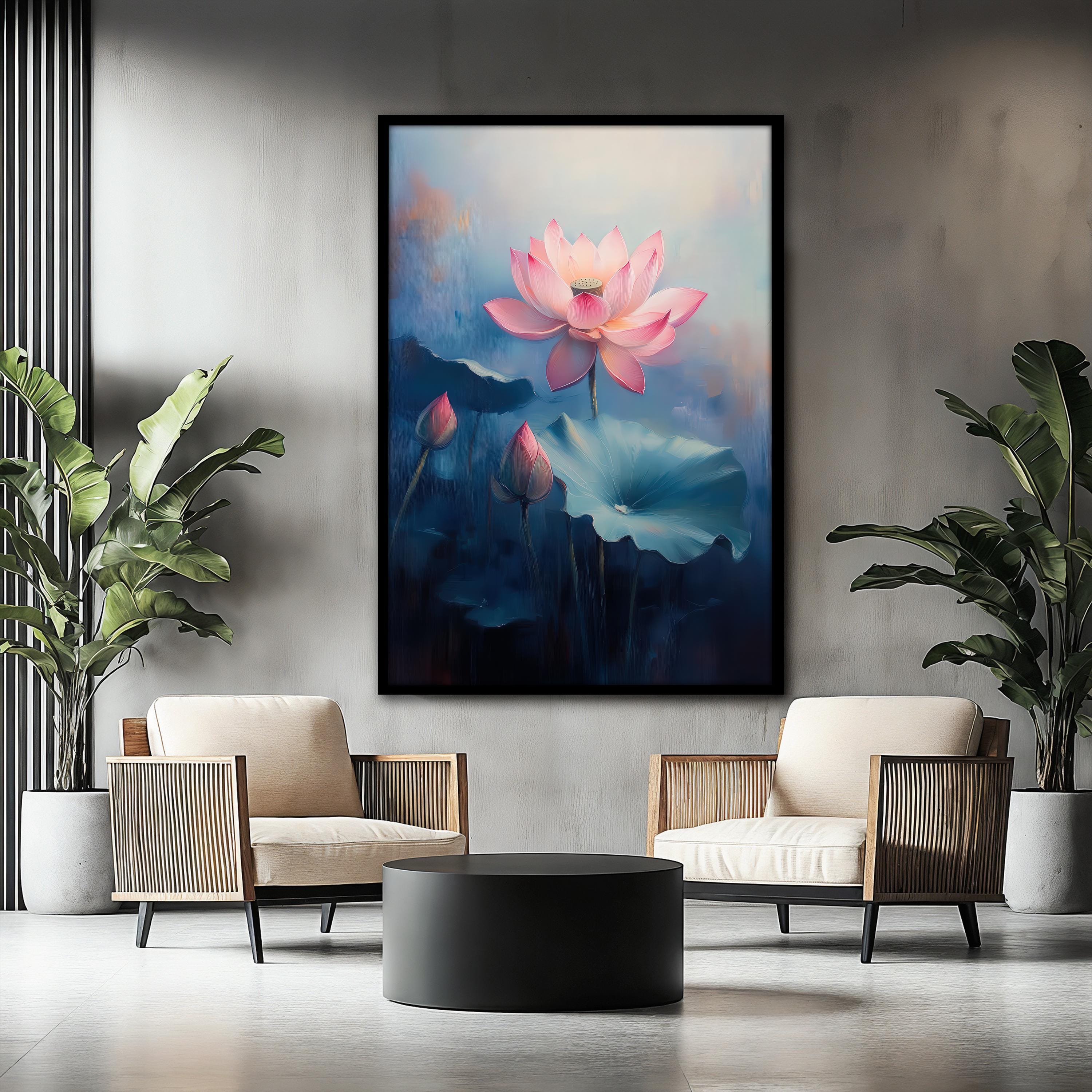 Tranquil Lotus Flower Canvas Painting, Pink Floral Wall Art With Blue ...
