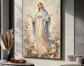 Blessed Virgin Mary Canvas Painting, Catholic Religious Wall Art, Holy Mother Decor, Christian Faith Artwork, Room Decor, Christian Gift