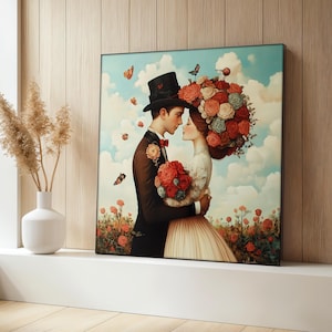 Romantisches Paar Leinwand Gemälde, Vintage Hochzeit Wandbild mit Blumen, Braut Bräutigam Liebe Kunstwerk, Romantische Wandkunst, Geburtstagsgeschenk