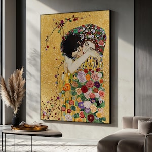 Floral Romantic Canvas Painting, Klimt Style Embrace Art, Golden Couple Wall Decor, Romantic Poster, Colorful Gift Idea for Lovers