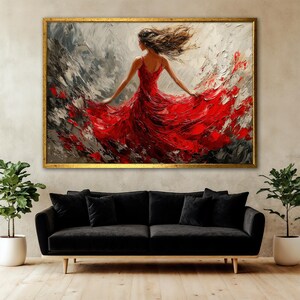 May include: A painting of a woman in a red dress with her back to the viewer. The dress is flowing in the wind and the woman's hair is blowing in the wind. The background is a gray and white abstract design.