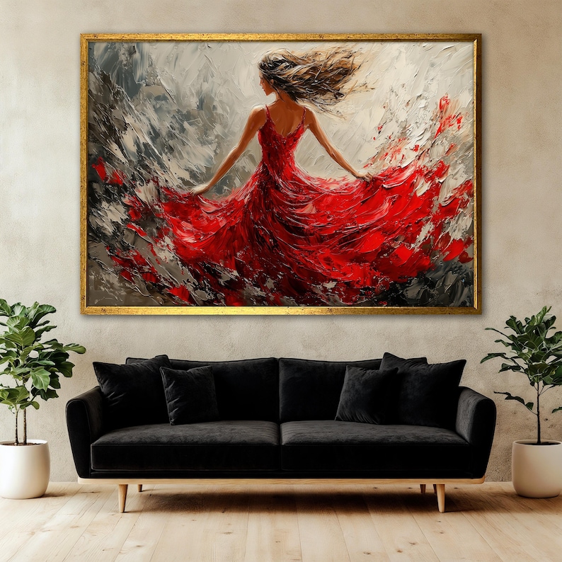 May include: A painting of a woman in a red dress with her back to the viewer. The dress is flowing in the wind and the woman's hair is blowing in the wind. The background is a gray and white abstract design.