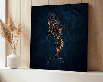Golden Glow Walhai Leinwand Gemälde, Tiefseetier Wandkunst, Meereswelt Kunst Dekor, Walhai Leinwand, Einzigartiges Geschenk für Ozean-Liebhaber