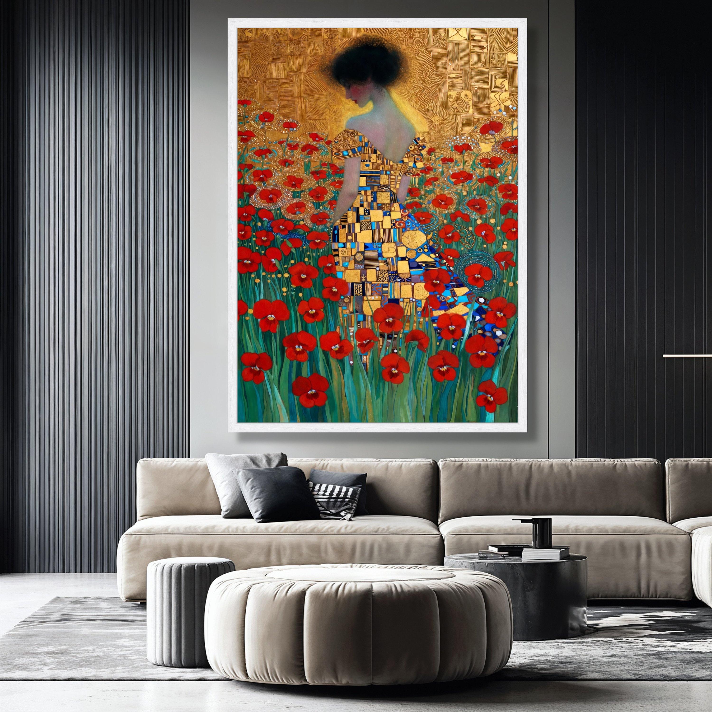 Gustav Klimt Woman in Red Poppy Field, Floral Canvas Wall Art, Artistic ...