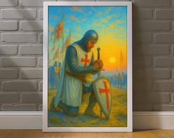 Praying Crusader Canvas Painting, Christian Knight Wall Art With Cross And Sunset, Religious Print, Medieval Faith Scene, Religious Art Gift