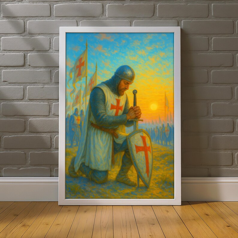 Praying Crusader Canvas Painting, Christian Knight Wall Art With Cross ...