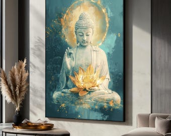 White Buddha Canvas Painting with Golden Lotus Flower, Zen Wall Art for Meditation Room, Buddha Canvas, Spiritual Home Art Gift