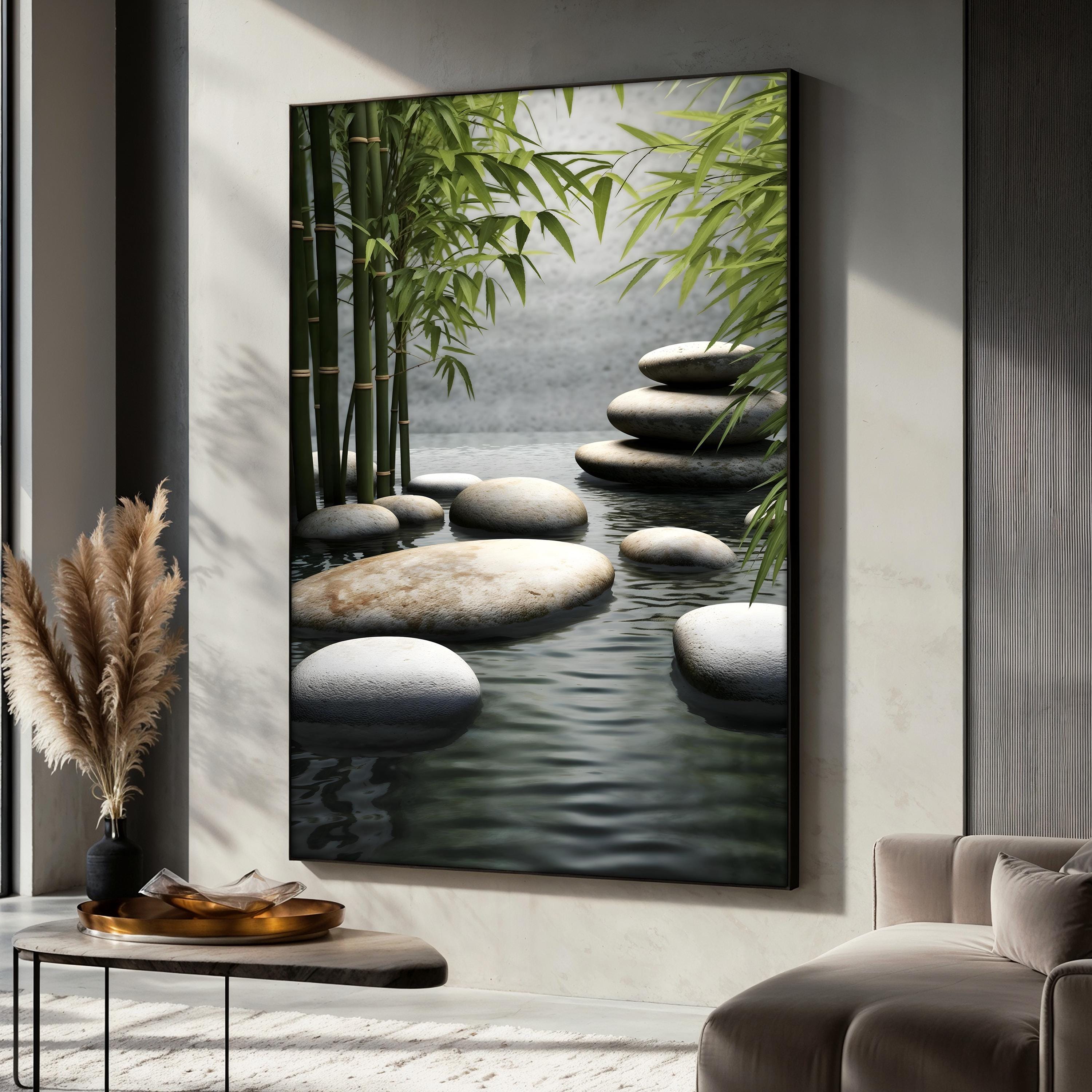 Zen Bamboo Canvas Painting, Tranquil Rock Water Wall Art, Asian