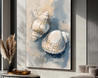 Lienzo con diseño de conchas marinas costeras, arte mural náutico playero, decoración para el hogar con temática oceánica, lienzo abstracto azul y beige, listo para colgar.