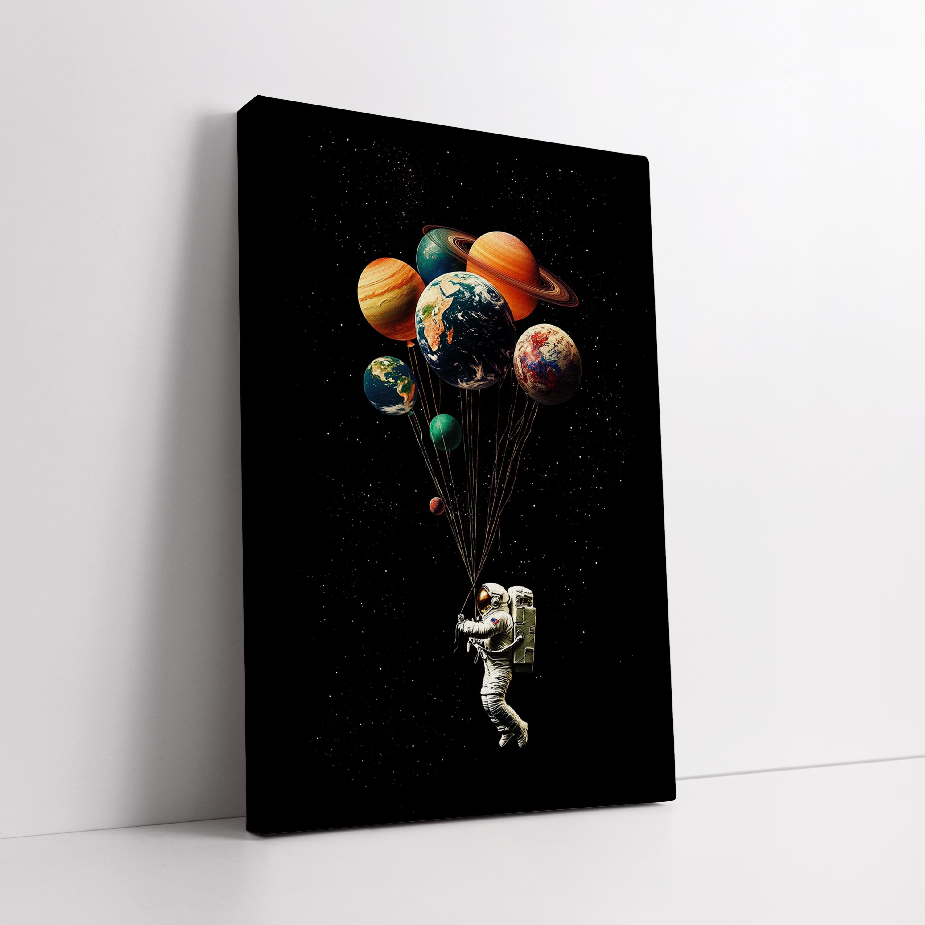 Astronaut Canvas Painting With Planets as Balloons, Space Wall Art ...