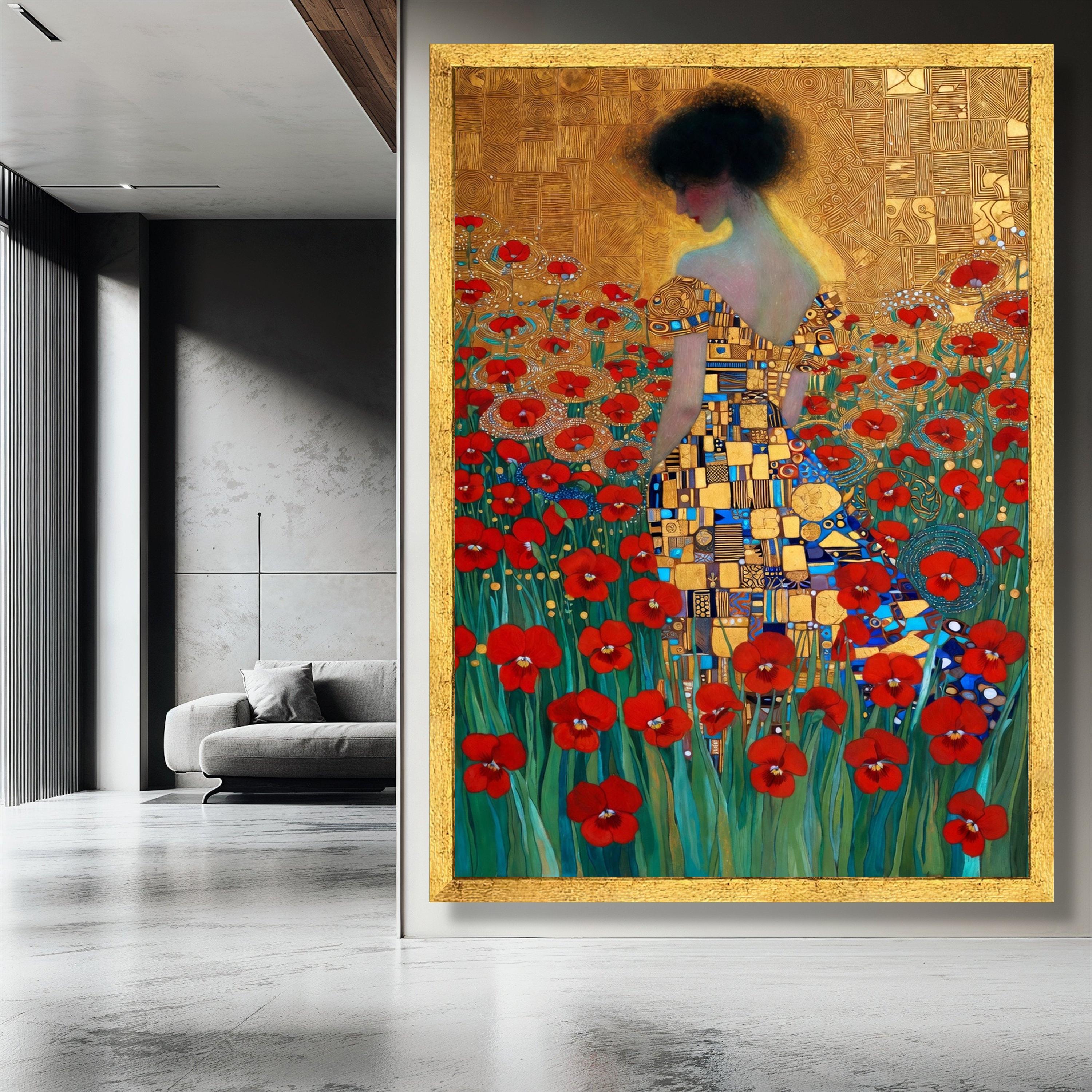 Gustav Klimt Woman in Red Poppy Field, Floral Canvas Wall Art, Artistic ...