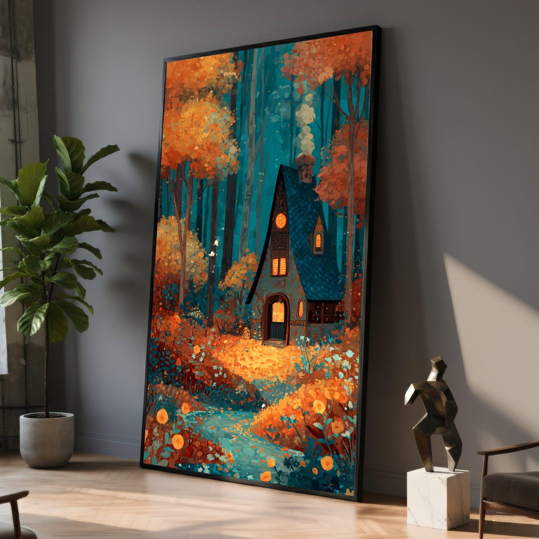 Enchanted Forest House Canvas Painting, Whimsical Autumn Fairy Tale ...