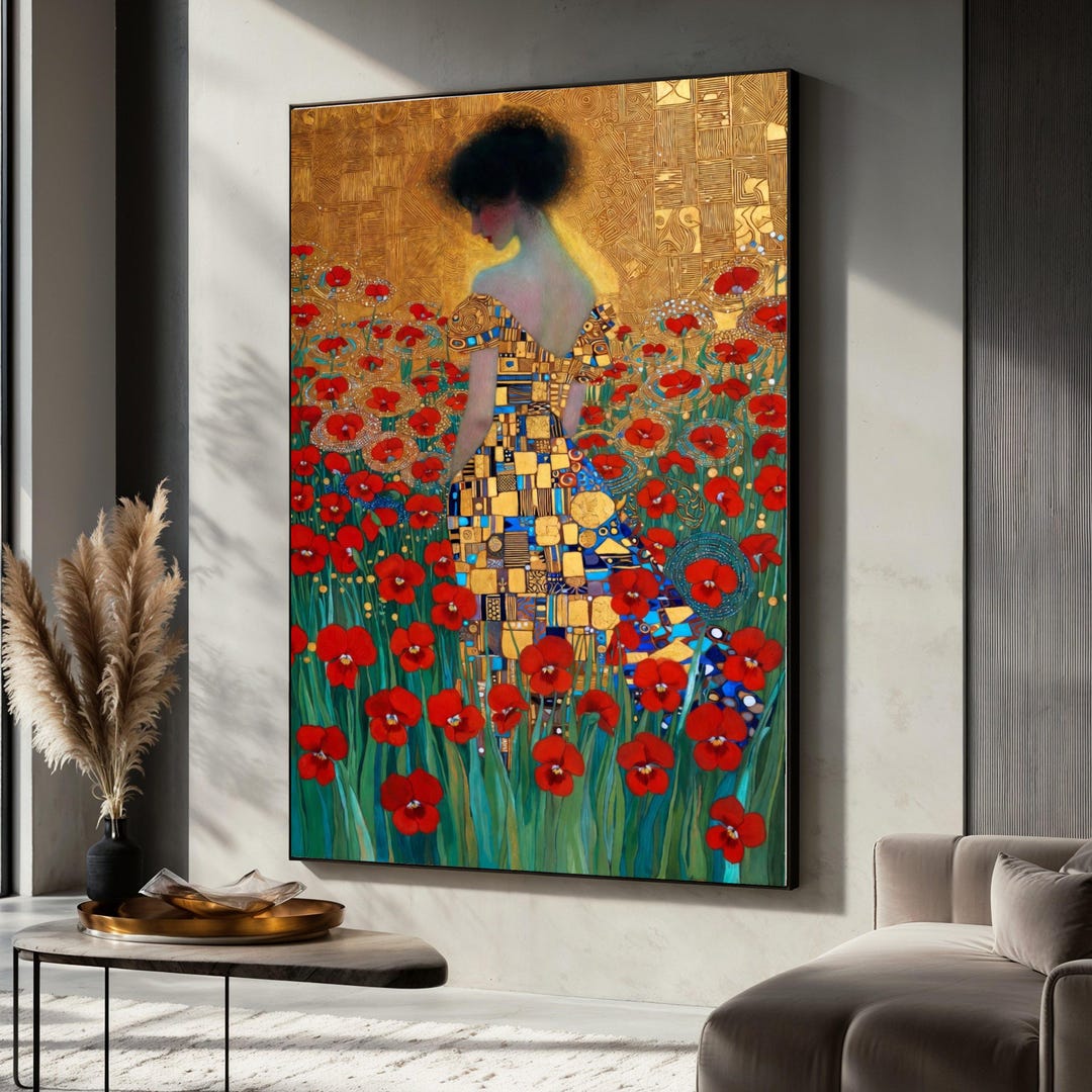 Gustav Klimt Woman in Red Poppy Field, Floral Canvas Wall Art, Artistic ...