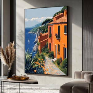 Mediterran Küsten Ansicht Malerei, Italienisches Dorf Wand Kunst, Küstenweg Kunstdruck, Landschaft Leinwand, Wohnkultur, Einzigartiges Geschenk