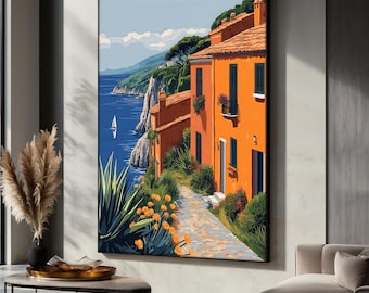 Mediterranean Coastal View Canvas Painting, Italian Village Wall Art, Seaside Path Art Print, Landscape Canvas, Home Decor, Unique Gift