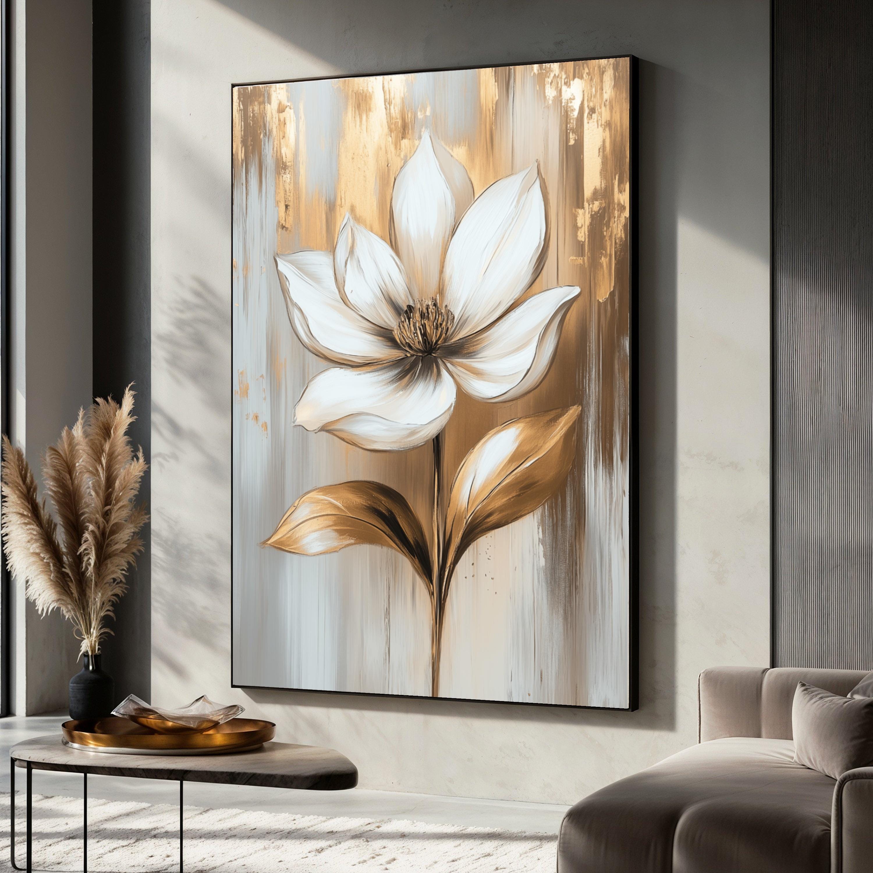Elegant White Flower Canvas Painting, Gold and Beige Floral Wall Art ...