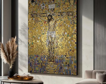 Jesus Crucifixion Canvas Print in Klimt Style, Golden Religious Painting, Detailed Christian Home Decor, Spiritual Artwork, Unique Gift