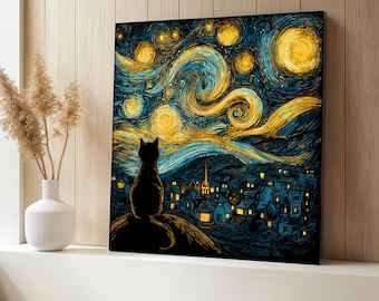 Starry Night Cat Canvas Painting, Van Gogh Inspired Wall Art, Whimsical Night Sky Decor, Artistic Feline Silhouette Print, Perfect Gift